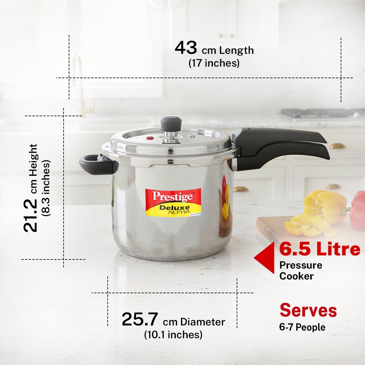 Prestige 6.5 Litre Stainless Steel Deluxe Alpha Svachh Outer Lid Pressure Cooker