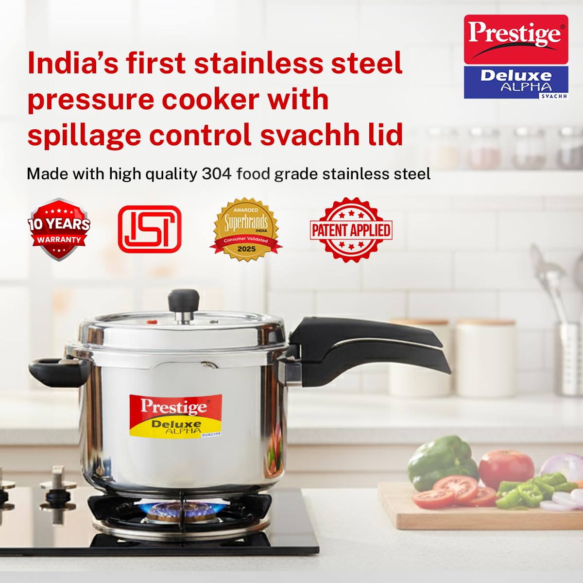 Prestige 6.5 Litre Stainless Steel Deluxe Alpha Svachh Outer Lid Pressure Cooker